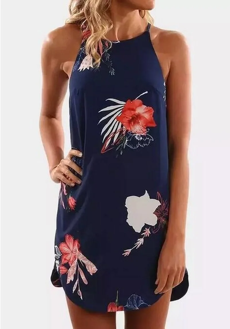 

Summer Beach O Neck Short Sundress Flowers Print Dresses Sexy Party Dress Casual Sleeveless A-line Skirt Wear Mini Dress