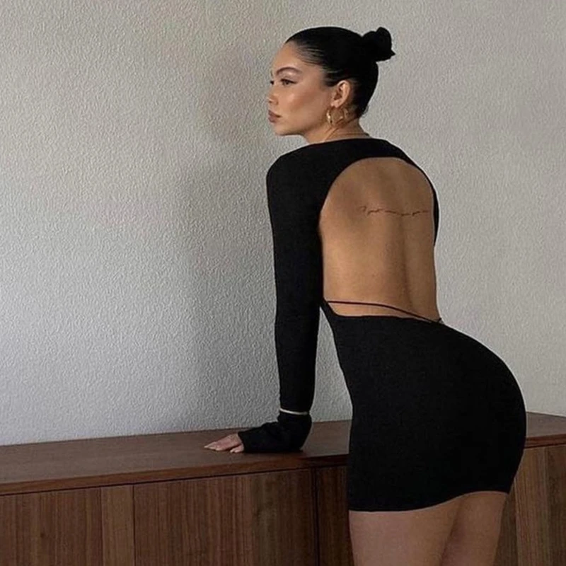 

Женское облегающее платье с круглым вырезом, платье с длинными рукавами, сексуальное облегающее платье, модное ажурное платье с открытой сп...