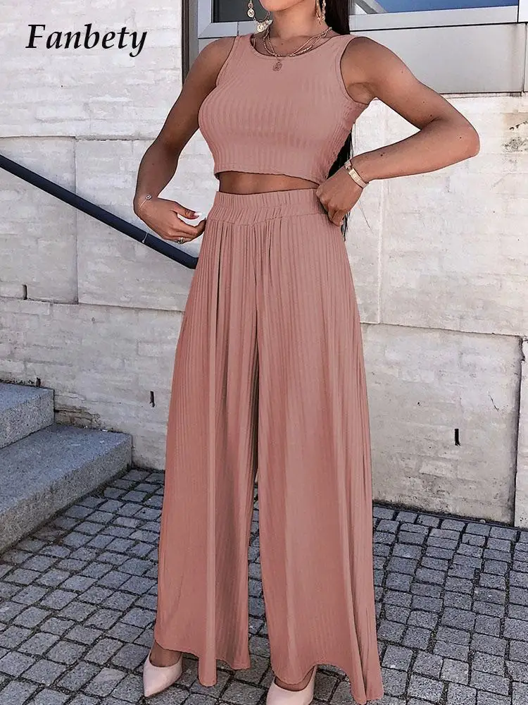 

Elegant O-Neck Solid Leisure Suits Summer Ladies Sleeveless Vest Tops&Long Wide Leg Pants Set Women Casual Ribbed Two-Piece Sets