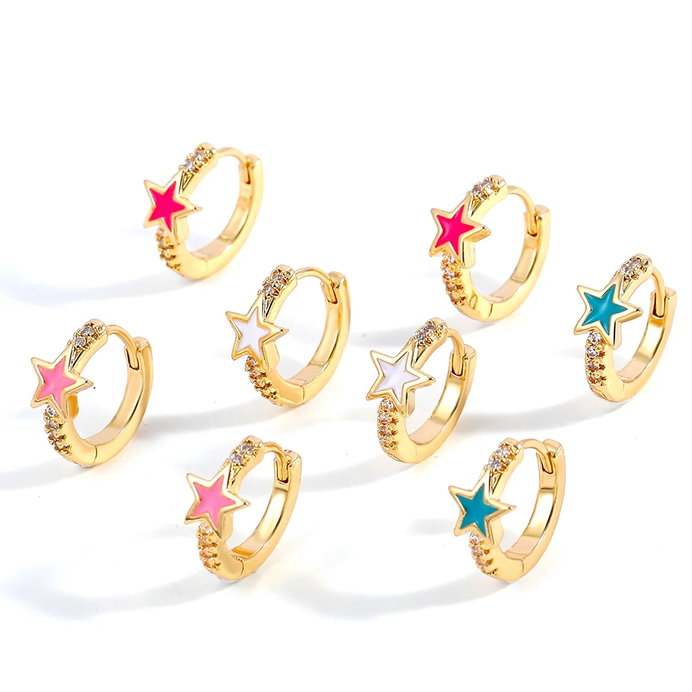 

New Trendy Enamel Star Hoop Earrings for Women Small CZ Crystal Round Circle Korean Earrings Statement Jewelry Gifts