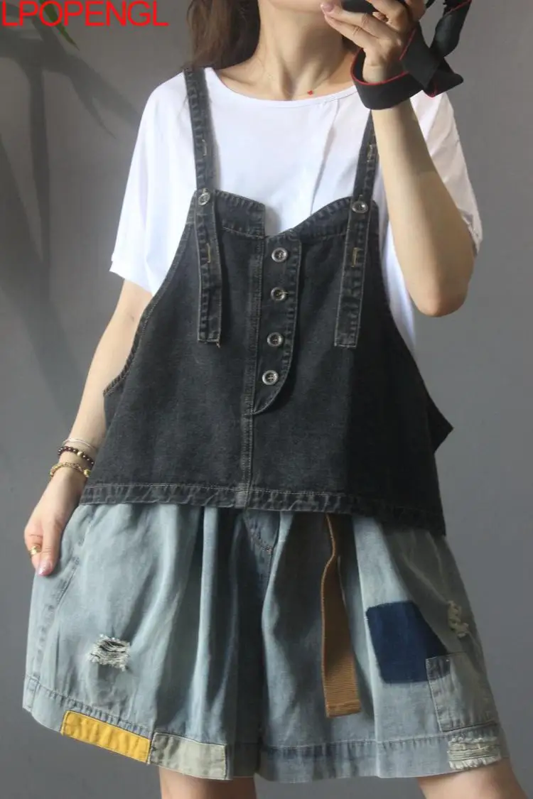 Женский джинсовый жилет на бретелях винтажный ковбойский большого размера без