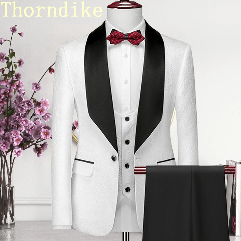 Мужские свадебные костюмы Thorndike белые жаккардовые с черным атласным воротником 3