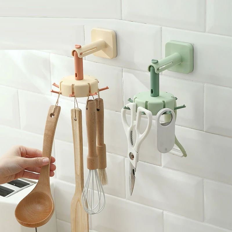 

New Kitchen Rotating Hook Wall Hanging Free Punching Spatula Kitchenware Storage Rack Kitchen Bath Wall Creative Hooks Organizer