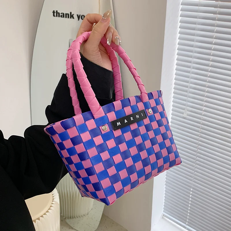 

Женская плетеная маленькая сумка из ПВХ, цветная пляжная сумка для девушек, летняя корзина для еды 2023, плетеные сумки со шнурком, 2023