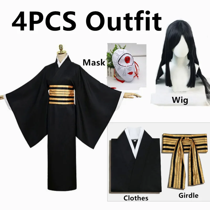 

Anime Demon Slayer Nakime Costume Kimetsu No Yaiba Japanese Kimono Juuni Kitsuki Uniform Mask Wig Full Set Halloween