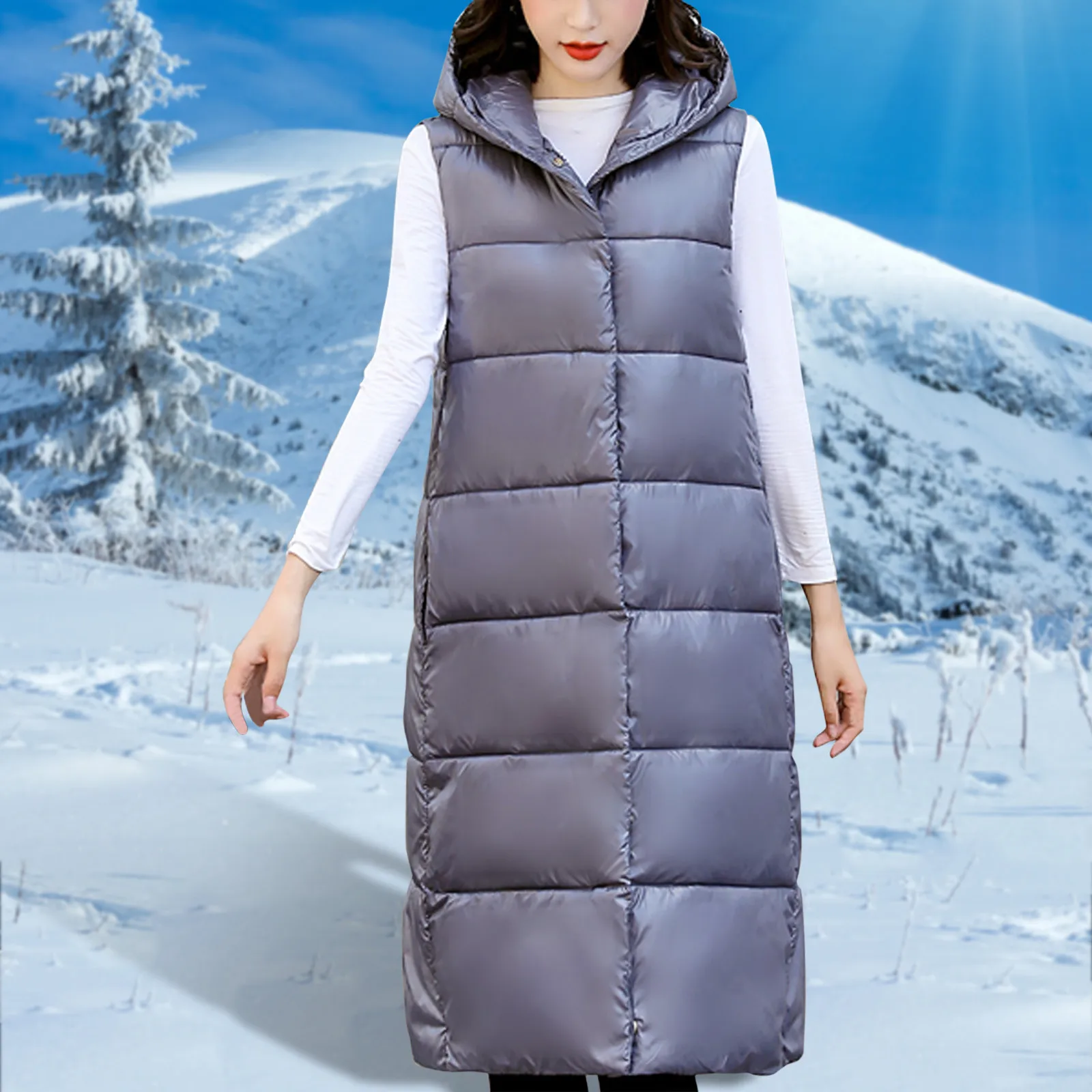 

Women's Winter Long Sleeveless Coats Hooded Warm Down Coat With Pockets Pure Color Relaxed Fit Casual Trendy Tanks