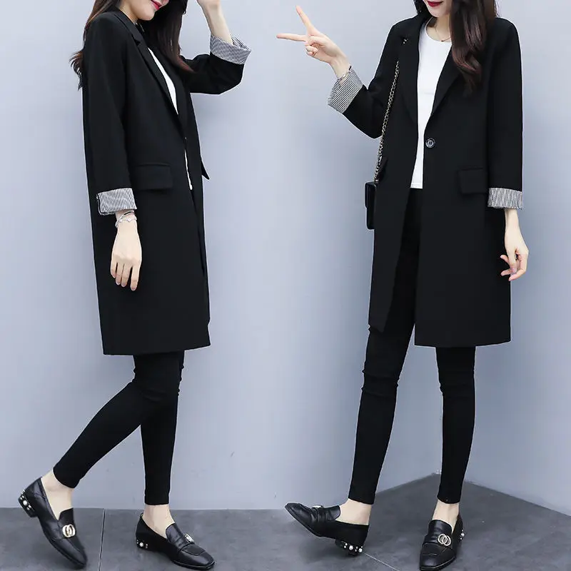 

Cardigan suit jacket medium length slimming Korean coat 2023 spring and autumn casual long sleeve loose black suit for women