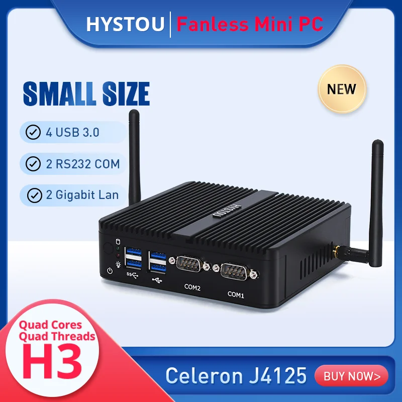 Fanless Office Mini PC Low Power Intel Celeron J4125 Windows 10 Barebone 2*LAN HDMI VGA 2*rs232 Com Protable HTPC Server  Wifi