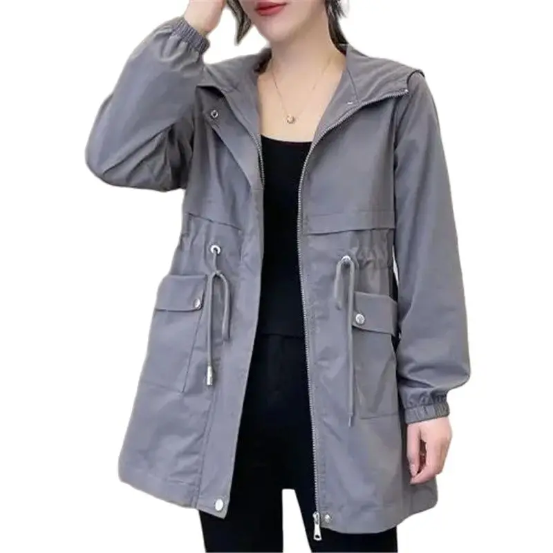 

Spring New Trench Coat Women New Casual Loose Korean Long sleevedCoats Fashion Medium length Hooded Windbreaker Outwear Female