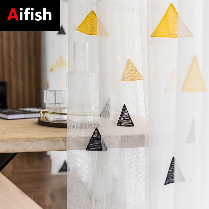 

Nordic Modern Living Room Bedroom Custom Window Screen Curtain Children's Room Bay Window Tulle Embroidery Short Curtain ZH038-4
