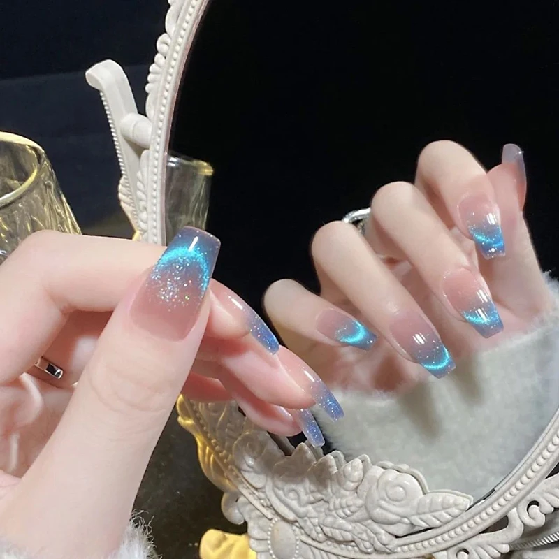 

10PCS Handmade Nails Press on Full Cover Professional Nails Manicuree Aquamarine False Nails Wearable Artificial With Designs