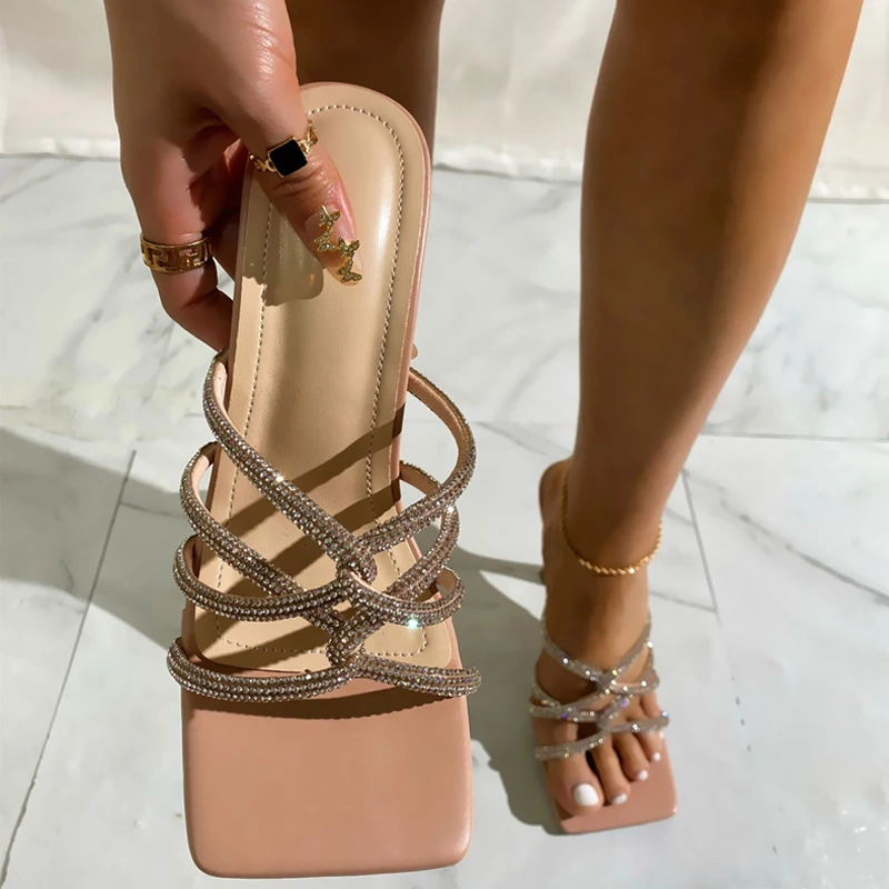 

Liyke Sexy High Heels Slipper Women Summer Fashion Crystal Narrow Band Square Open Toe Slides Stripper Party Sandal Mule Shoes