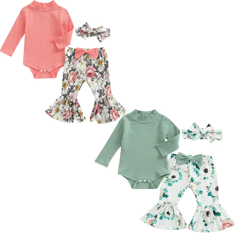 

Baby's Clothes Girls 3PCS Romper Suit Long Sleeve High Collar Plain Ribbed Snap Bodysuit Floral Bow Long Flared Pants Headband