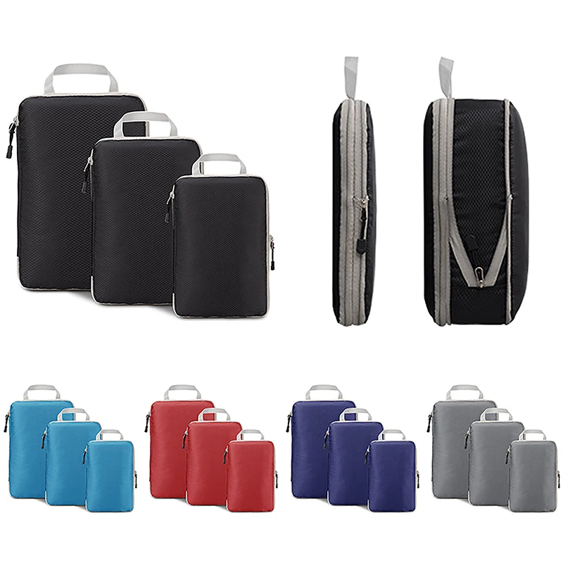 

3PCS Travel Compressible Packing Cubes Waterproof Storage Bag Foldable Suitcase Nylon Portable With Handbag Luggage Organizer