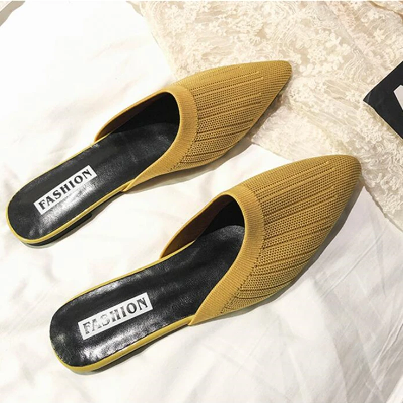 Summer Flat Heel Casual Red Muller Shoes Women Sandals Half Toe Women's Shoes Solid Color Mesh Fabric Pointed Flats Shoes Woman