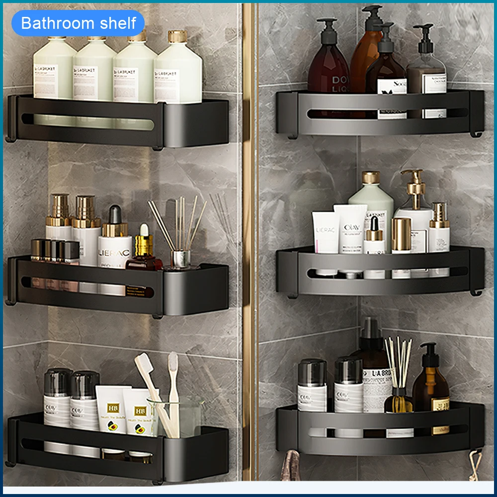 

Большая Улучшенная полка для ванной комнаты, органайзер, стеллаж для хранения душа, черные угловые полки, настенный держатель для туалетног...