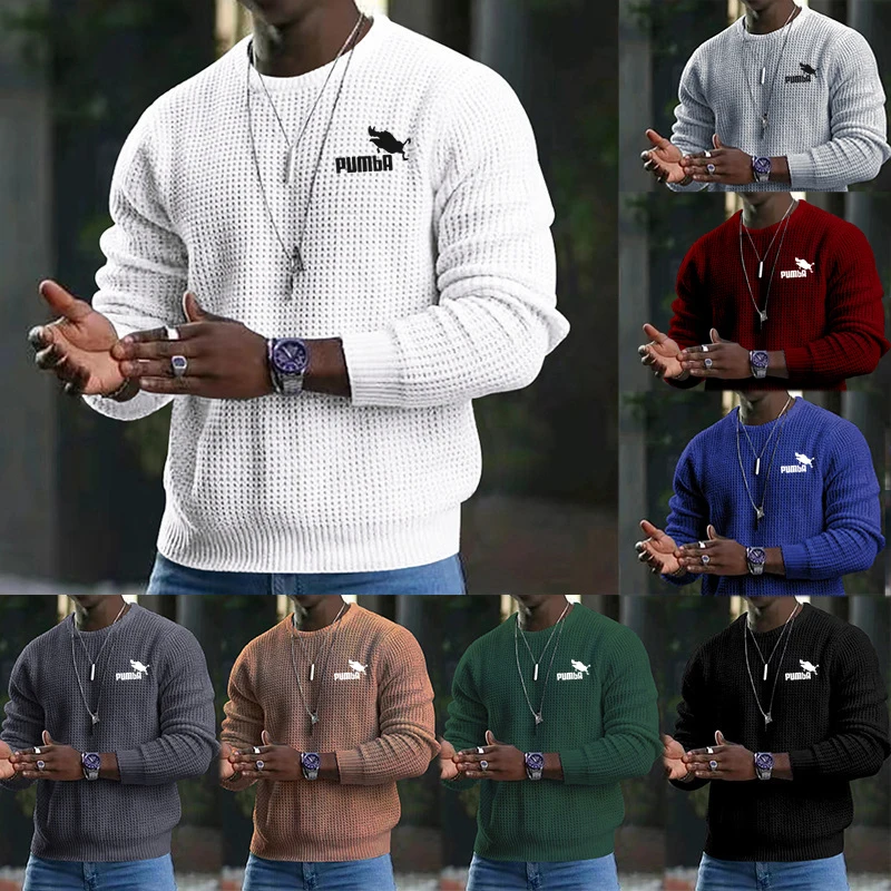 Men's solid color waffle all-match long-sleeved sweater men's spring, autumn and winter round neck bottoming shirt tops