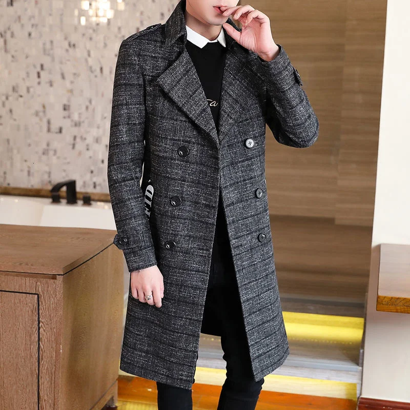 

Winter New Men's Woollen Windbreaker Double Breasted Long Jacket Abrigo Largo Hombre British Plaid Mens Wool Trench Coat