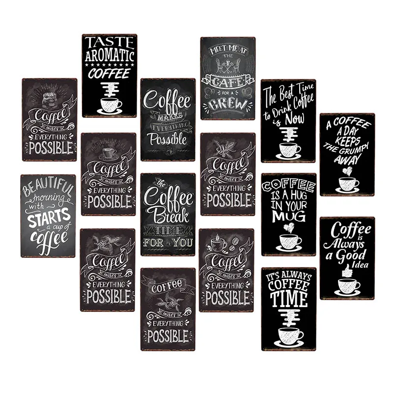 

Black White Background Funny Text Coffee Signs Metal Tin Plate Poster Modern Cafe Kitchen Pin Up Sign Vintage Decor Wall Plates