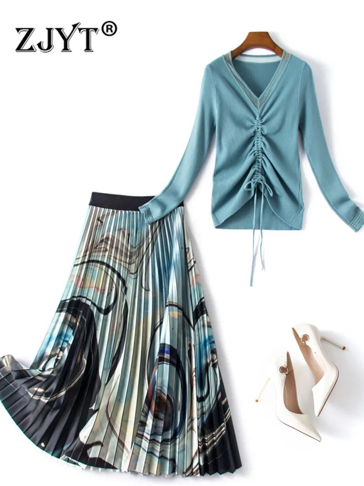 

ZJYT Spring Designer Woman 2 Piece Dress Set Fashion Long Sleeve Shirring Knitted Top and Midi Print Pleated Skirt Suit Lady