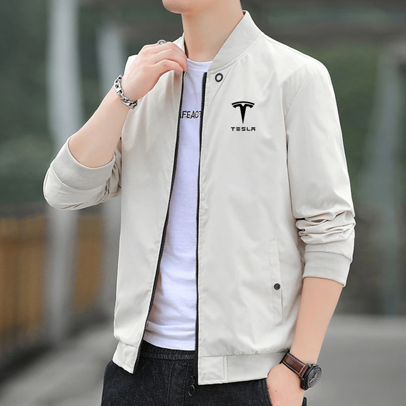 

Spring and Autumn Jackets Tesla logo Mens Coats Baseball Stand Collar Fashion Clothing Trends Slim Fit Windbreaker Jacket