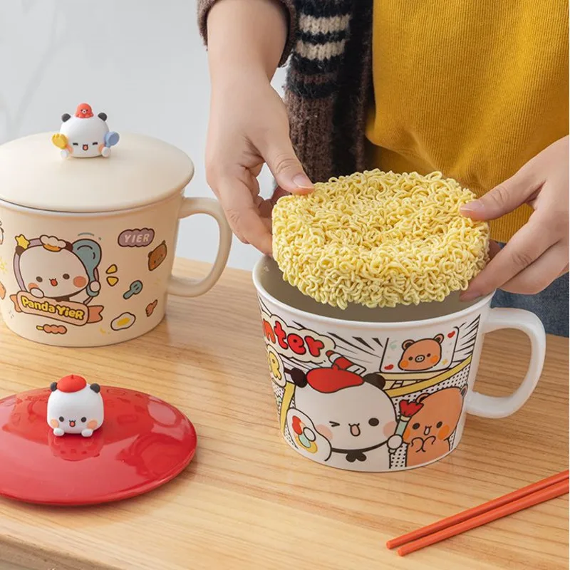 

Bubu And Dudu Instant Noodle Bowl With Lid And Handle Cute Cartoon Panda Bear Ceramic Bowl Students Kids Canteen Rice Soup Bowl