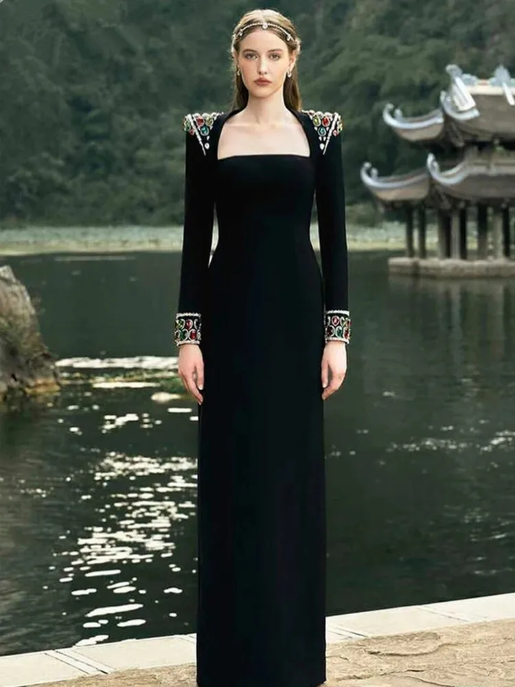 Модное женское сексуальное черное платье макси с квадратным воротником и