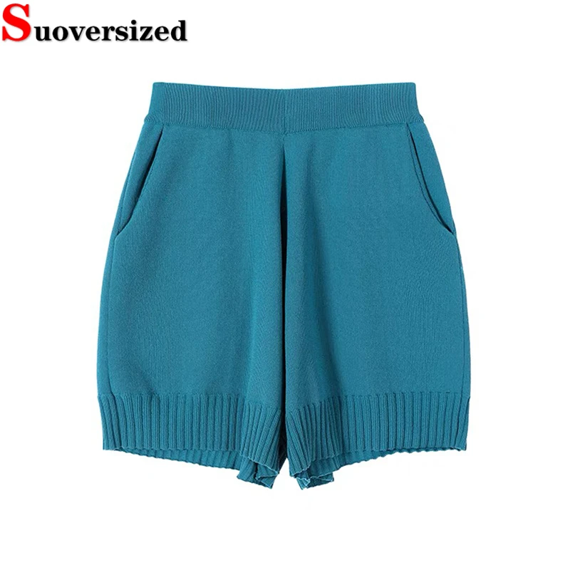 Summer Women High Waist Knitted Shorts Korean Streetwear Candy Colors Knitwear Baggy Pants Casual Loose Straight Trousers New