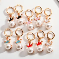 pearl crown drop oil enamel pendant earrings womens exquisite small earrings korean simple cute womens party beautiful jewelry
