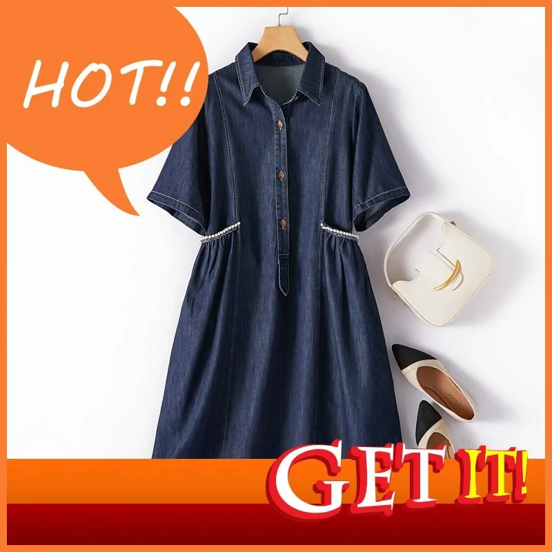 

Dresses European Station Retro Denim 2023 New Turn Down Collar Single-breasted Beaded Large Pocket Loose Women's Summer Dress