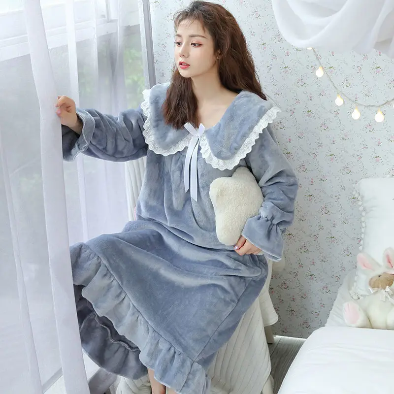 New Sleep Wear Long Sleeve Nightgown Loose Size Korean Nightwear Winter Sleep Dress Flannel Cute Pineapple Ruffle Hem Woman Gown