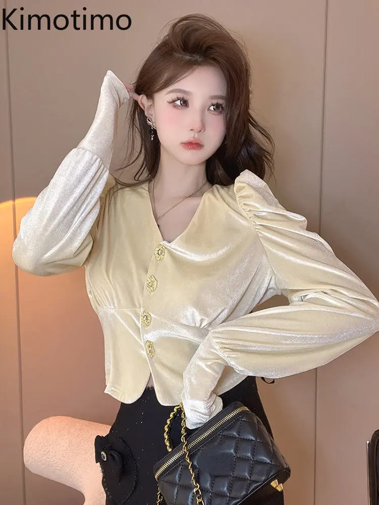 

Kimotimo складки пышные рукава короткие бархатные рубашки для женщин Французский Ретро V-образный вырез талии тонкие Топы весенние темперамент...