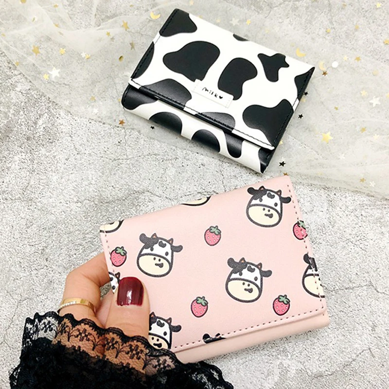 

New Fashion Short Women Wallet Pu Leather Cartoon Cow Multi-card Holder Short Women Coin Purses Girls Outdoor Cute Money Bag