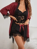 sheer lace cami with belted robe shorts night set
