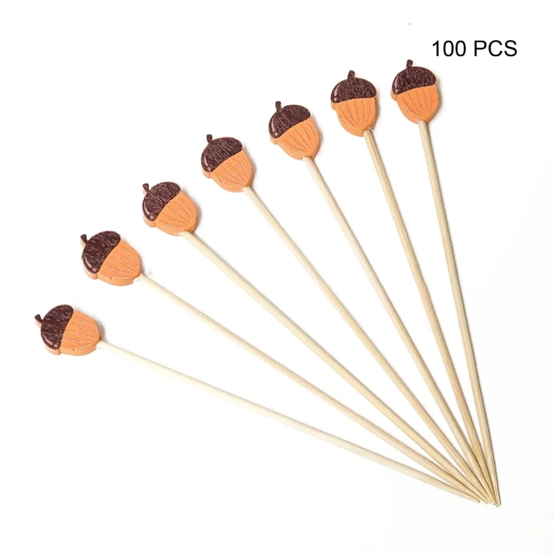 

K92A 100pcs Pick for Kid Pumpkin Leaf Fruit Toothpicks Disposable Bamboo Dessert Cocktails Skewers Party Supplies