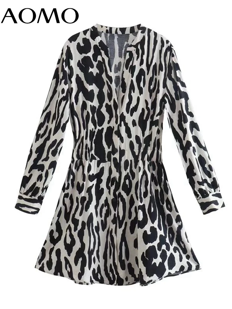 

Женское платье-рубашка AOMO, офисное мини-платье с длинным рукавом и принтом животных, модель 6P42A, 2022