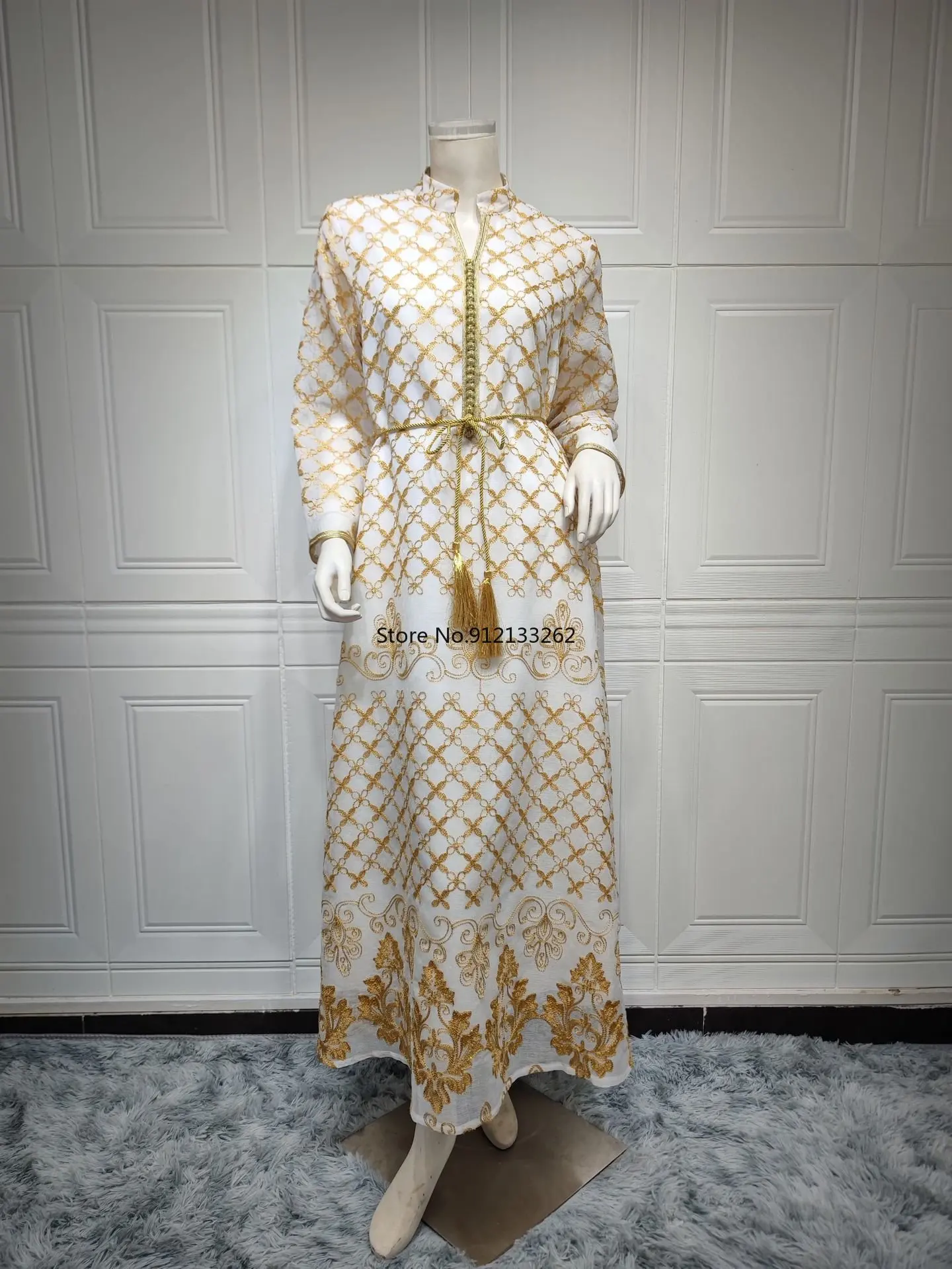 2023 Spring Summer Muslim Fashion Women Long Sleeve V-neck Polyester Embroidery Long Abaya Muslim Dress  Abayas for Women