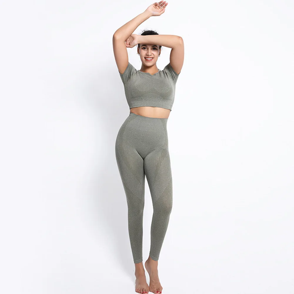 Summer 2022 Wholesale Women Workout Sports Bra  Leggings Short Sleeve Top Yoga Seamless Set