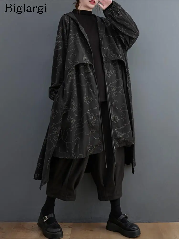 

Oversized Autumn Long Trench Coat Women Irregular Print Hooded Ladies Windbreaks Casual Loose Fashion Woman Trench Coat 2023