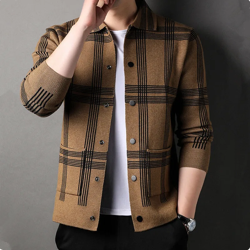UHYTGF Fashion Youth Spring Autumn Knitwear Coat Men's Long Sleeve Plaid Cardigan Knitted Sweater Male Jacket Casual Men Top 167