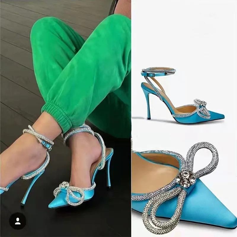 

Runway Style Glitter Rhinestones Women Pumps Crystal Bowknot Satin Summer Lady Shoes Genuine leather High Heels Party Prom Shoes
