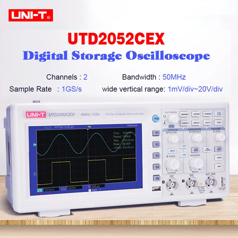 

Digital Storage Oscilloscope 2 channel 1GS/s sample rate UNI-T UTD2052CEX Desktop oscilloscope 64k Color TFT LCD 50MHz Bandwidth