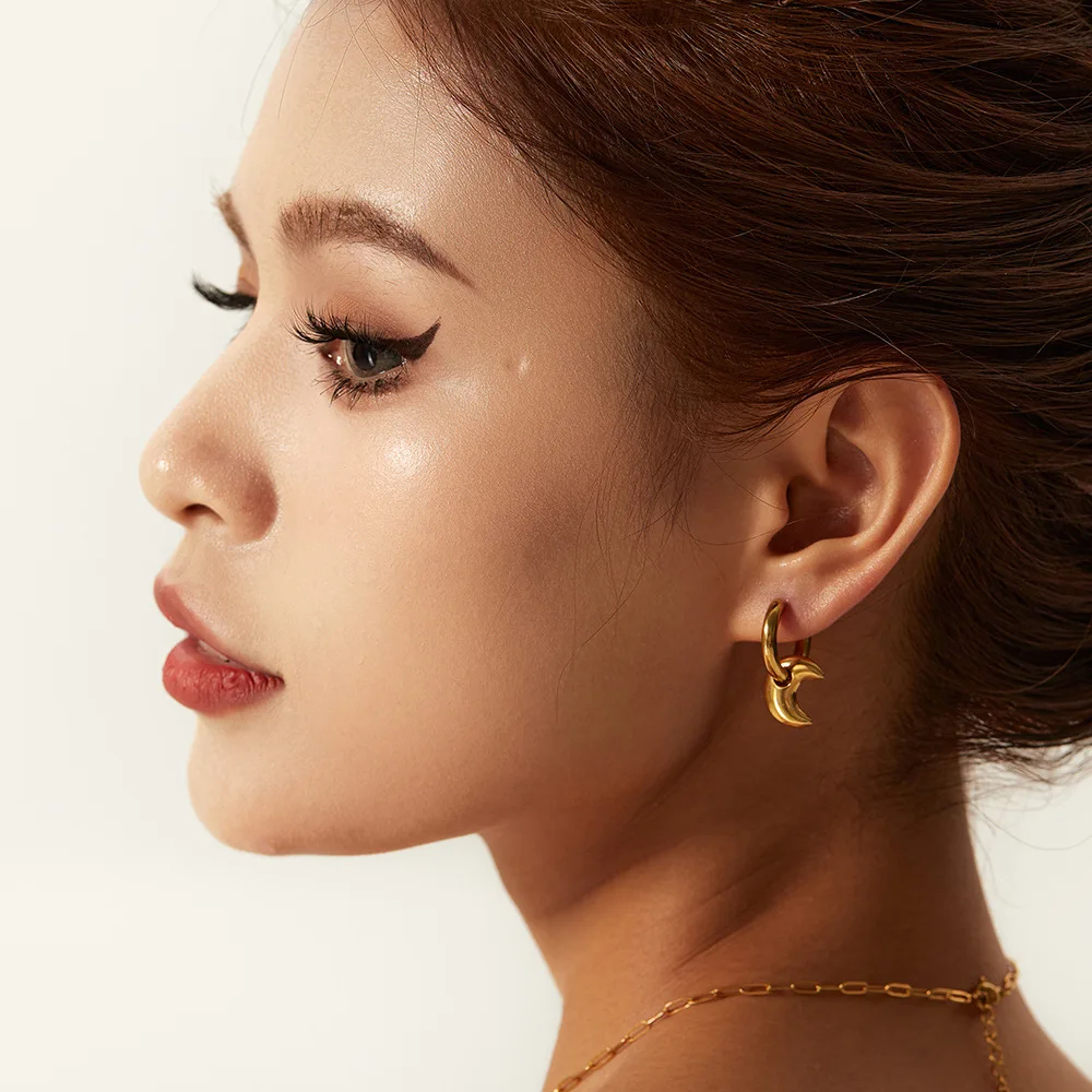 

Grie 2023 Fashion New Stainless Steel 14K Gold Platin Earrings for Women Moon Pendant Drop Fine Jewelry