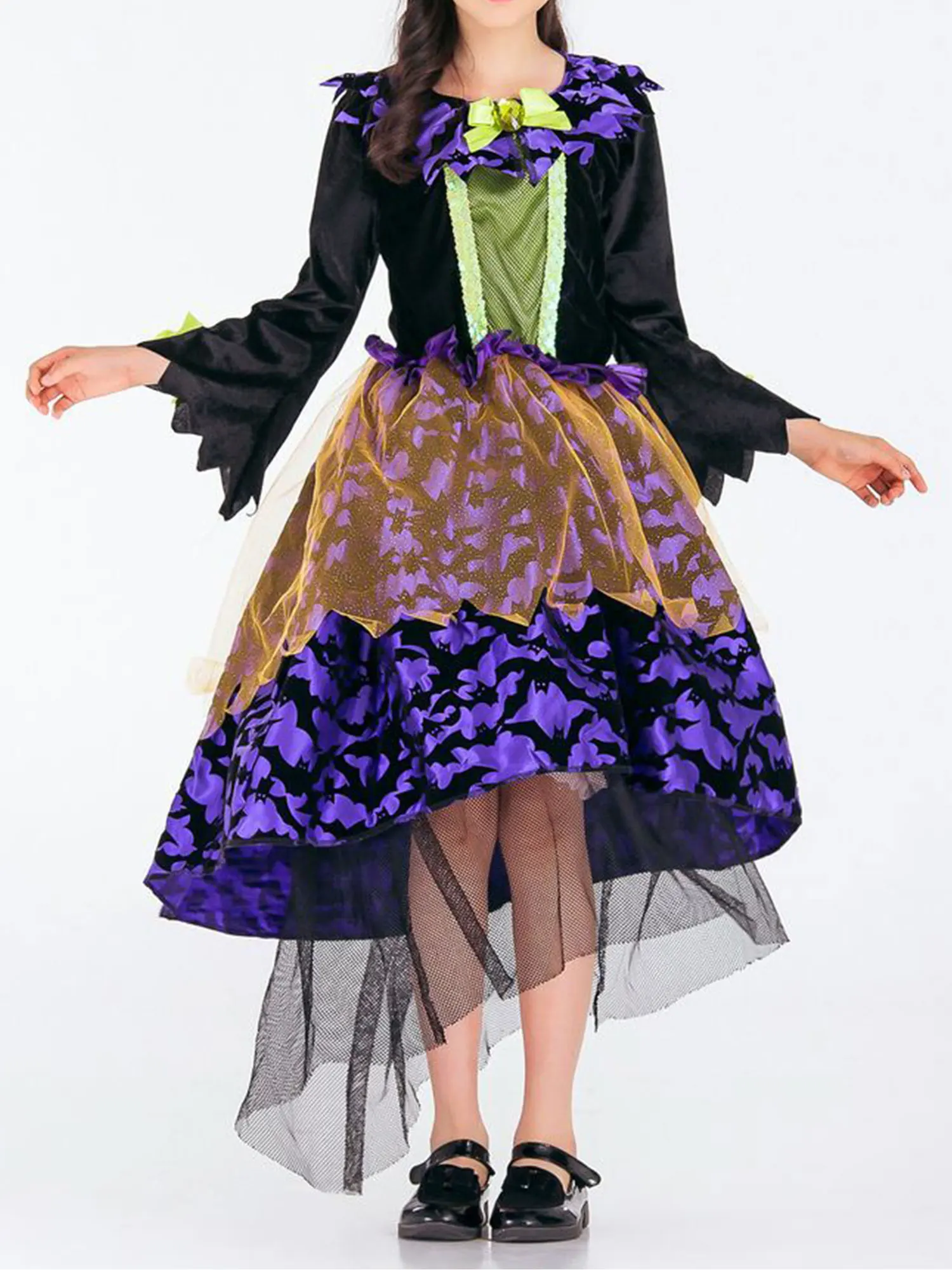 

Halloween 2Pcs Kids Girls Witch Cosplay Costume Long Sleeve High-low Hem Mesh Witch Dress with Hat Stage Performance Costumes