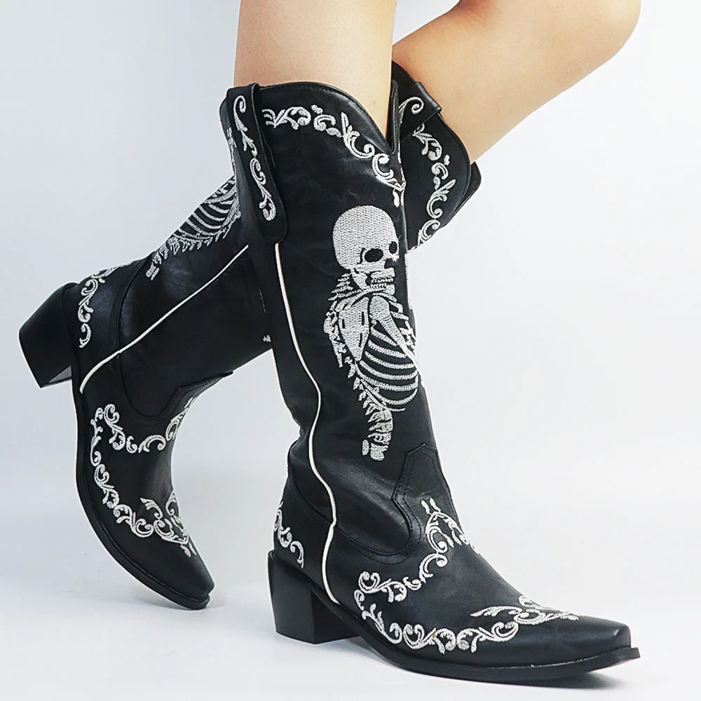 

Женские ковбойские сапоги Gnazhee с рисунком черепа для селфи, ковбойские сапоги без шнуровки, Готическая осенне-зимняя обувь, сапоги до щиколо...
