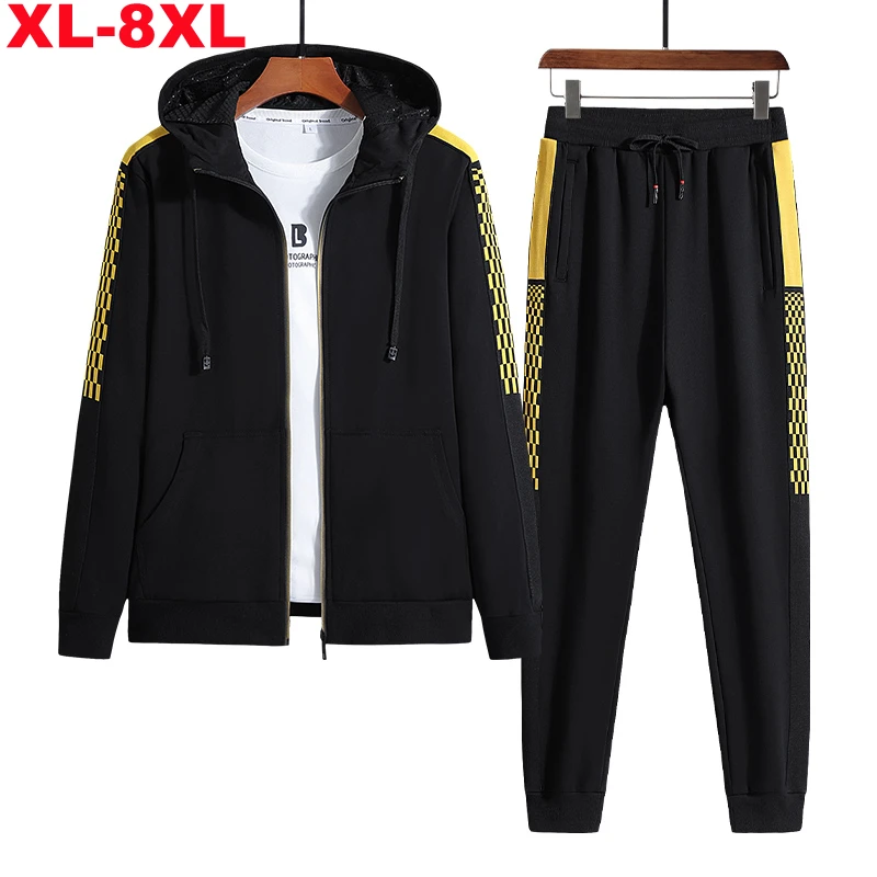 Big Size 8xl 7xl Men Sports Suit Hooded Sweat Tracksuit Sportswear Zipper Jackets Pants Casual Hoodie Sweatpants Men's 2pcs Sets