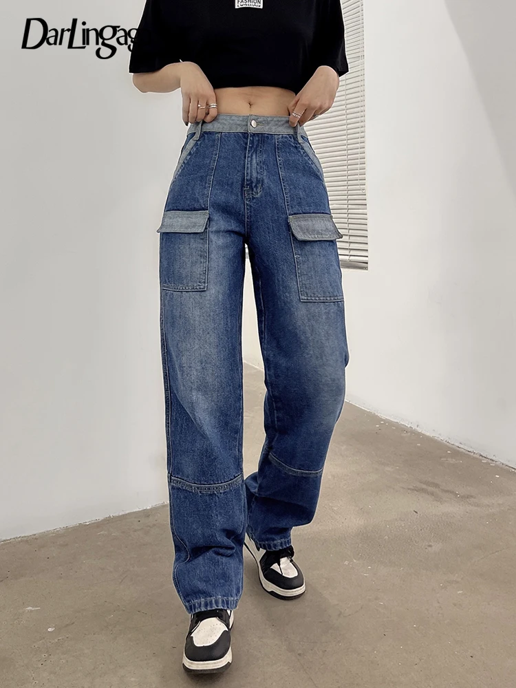 

Darlingaga Casual Street Style Blue High Waist Jeans Straight Pockets Harajuku Denim Women's Pants Basic Spring Summer Trousers