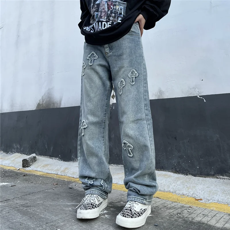Streetwear Men 2022 New Pattern Vintage Recreational Cross Jeans Loose Broad Straight Cylinder Leg Trousers Autumn Female Trend