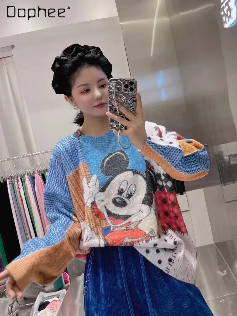 

2023 Spring New Women's Cartoon Pattern Rhinestone Color Matching Mink Fur Loose Sweater Women's Round Neck Pullover Knitted