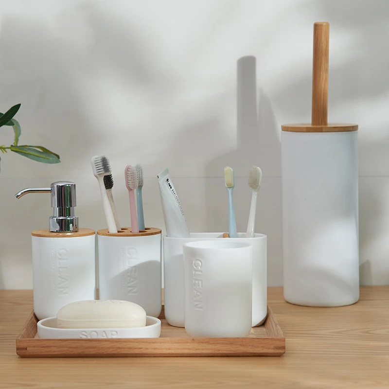 

Bamboo Six-Piece Set Bathroom Toilet Brush Toothbrush Holder Gargle Cup Soap Holder Lotion Dispenser Bathroom Accessories